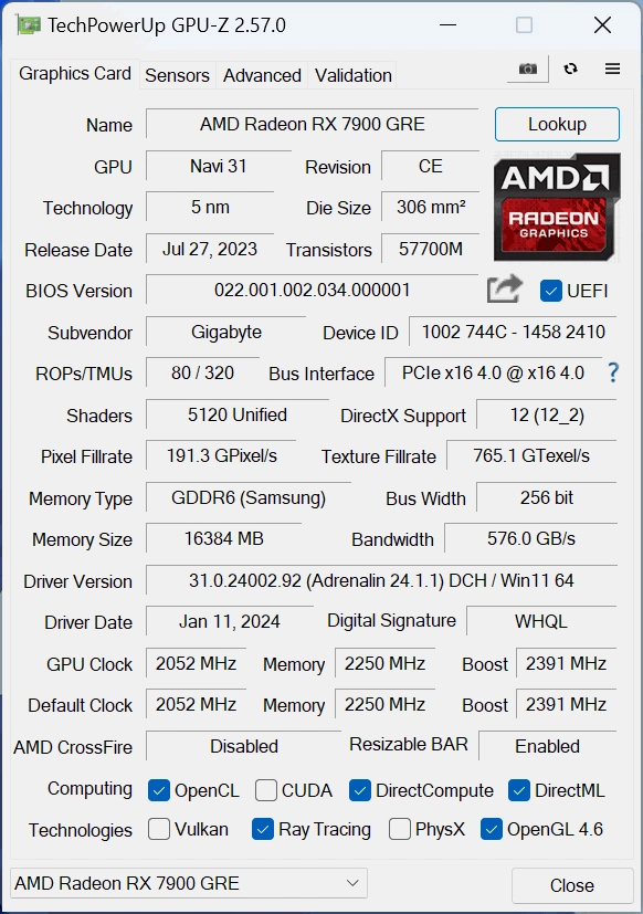 Gigabyte Rx7900 Gre Gaming Oc Gpuz Bios Oc