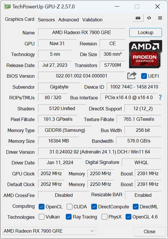 Gigabyte Rx7900 Gre Gaming Oc Gpuz Bios Silent