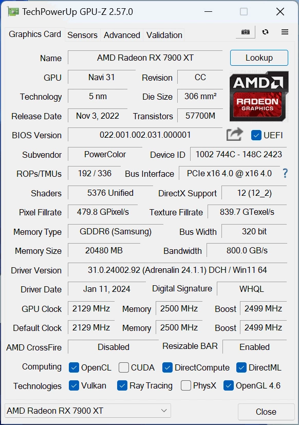 Powercolor Rx7900xt Hellhound Bios Oc Gpuz