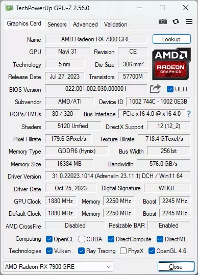 La RX 7900 GRE vue par GPU-Z