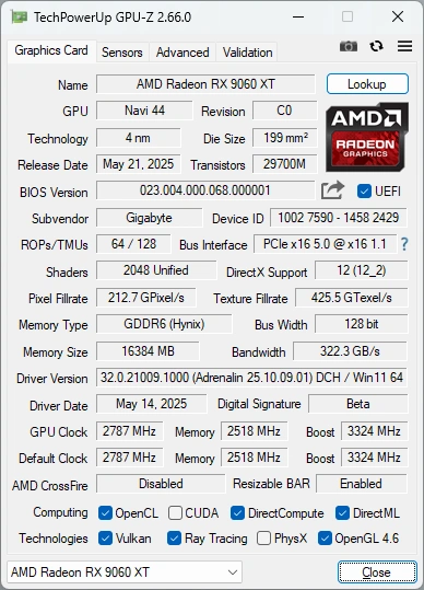 GPU-Z de la Gigabyte RX 9060 XT Gaming OC 16G : caractéristiques