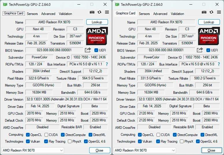 GPU-Z : les caractéristiques de la PowerColor RX 9070 Hellhound