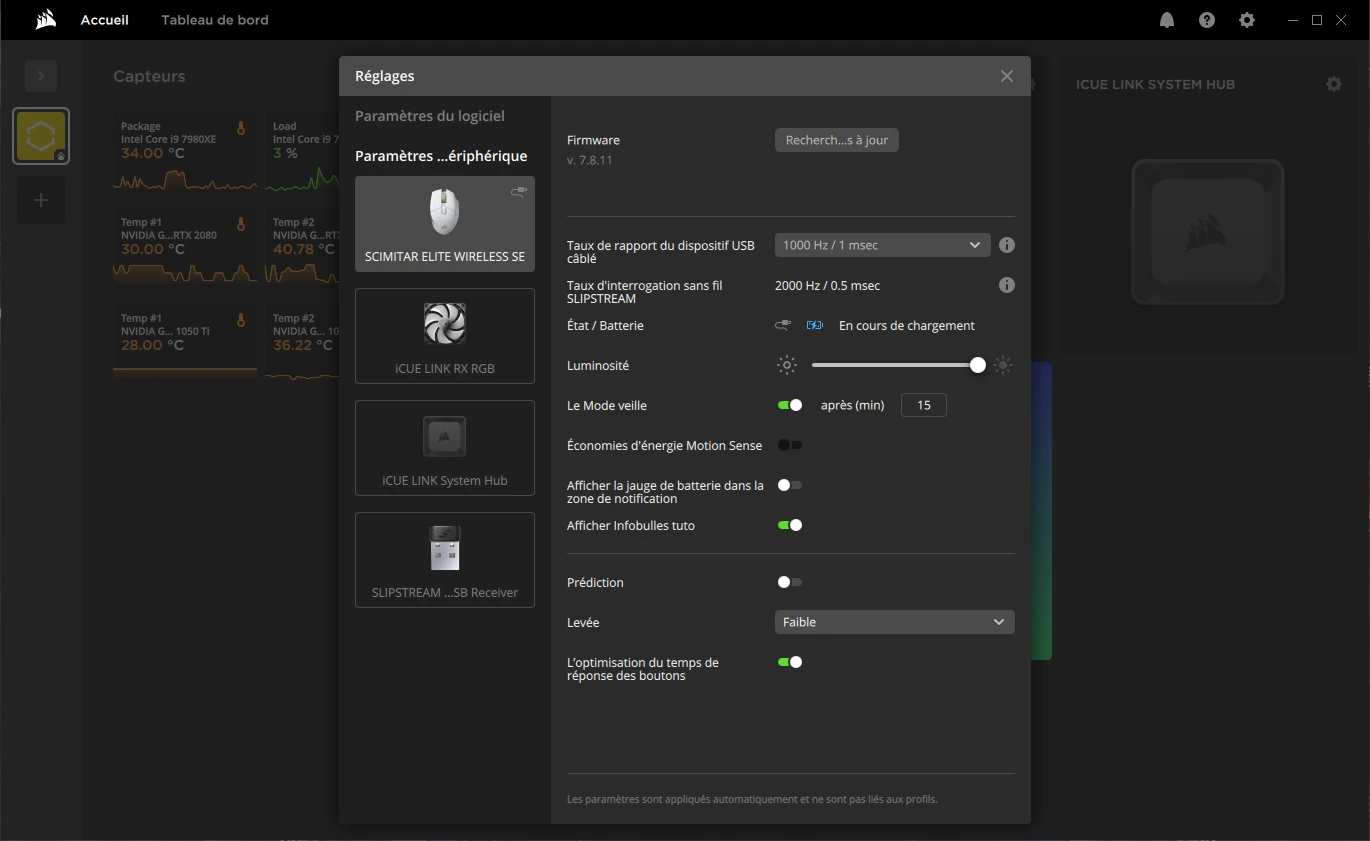 Corsair Scimitar Se Elite Wireless Icue Reglage Souris