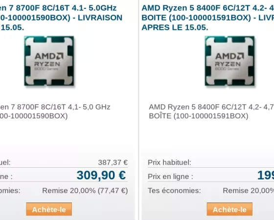 AMD Ryzen 7 8700F and Ryzen 5 8400F BOX appear at a European reseller: the prices are scary!